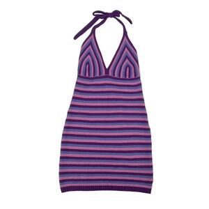 Wild Fable Purple Pink Striped Knit Halter Mini Dress Size Large Women’s